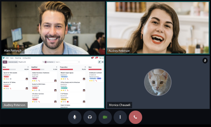 Video chat with your customers right from the meeting invite in the Odoo Calendar app.