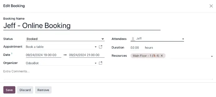 Table booking made simple    Online table booking. Customers can book tables online with Odoo Appointments. Reserved tables appear on your customizable floor plan, which can be easily edited with the graphical editor.