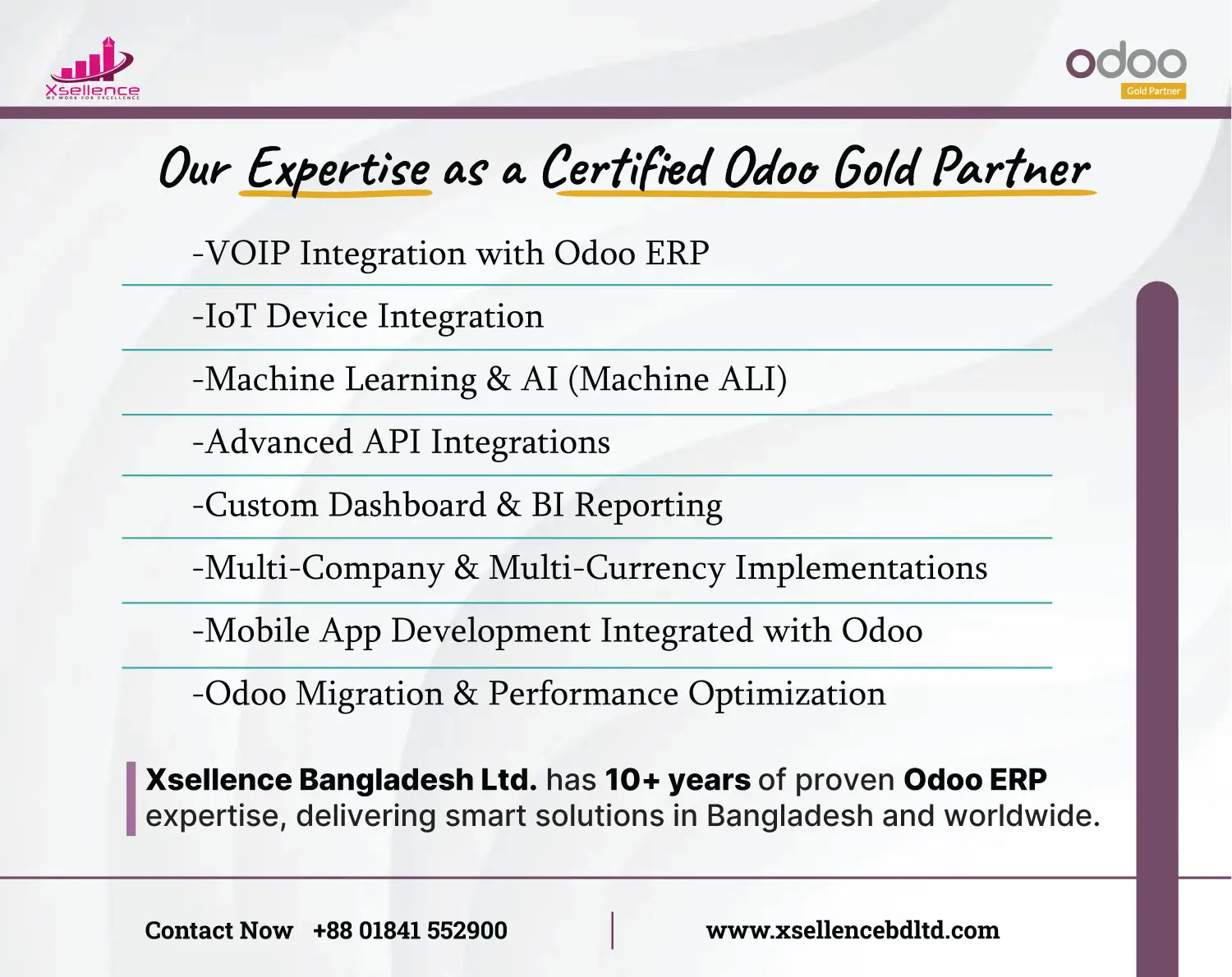 Explore Xsellence Bangladesh Ltd.'s advanced Odoo ERP capabilities including VOIP, IoT, AI, custom dashboards, and mobile integration. Specialized Odoo ERP services by Xsellence Bangladesh Ltd. – including VOIP, IoT, AI integration, API, BI dashboards, mobile apps, and performance optimization.