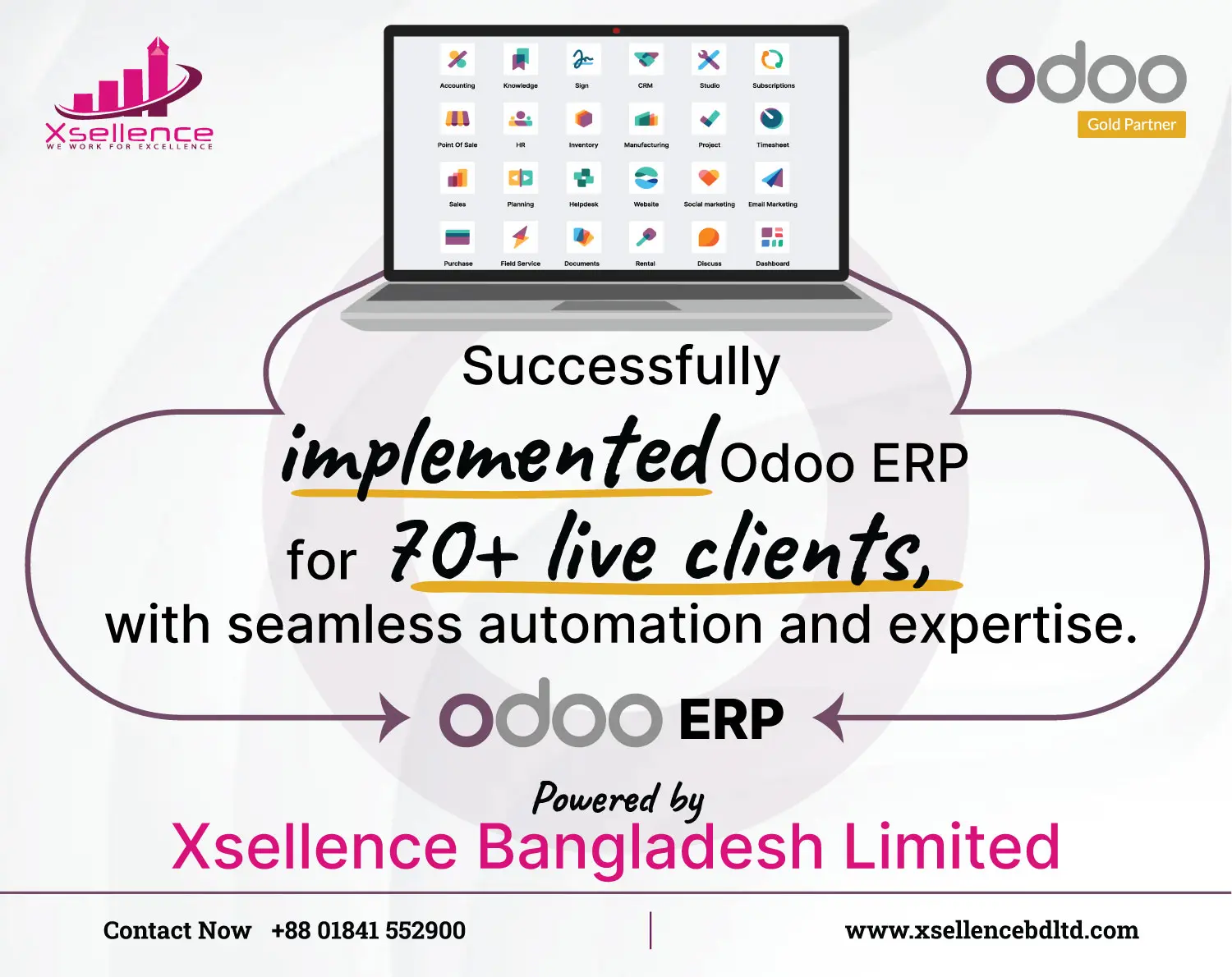 Odoo ERP implementation by Xsellence Bangladesh Ltd. for 70+ live clients showcasing business automation success and expertise