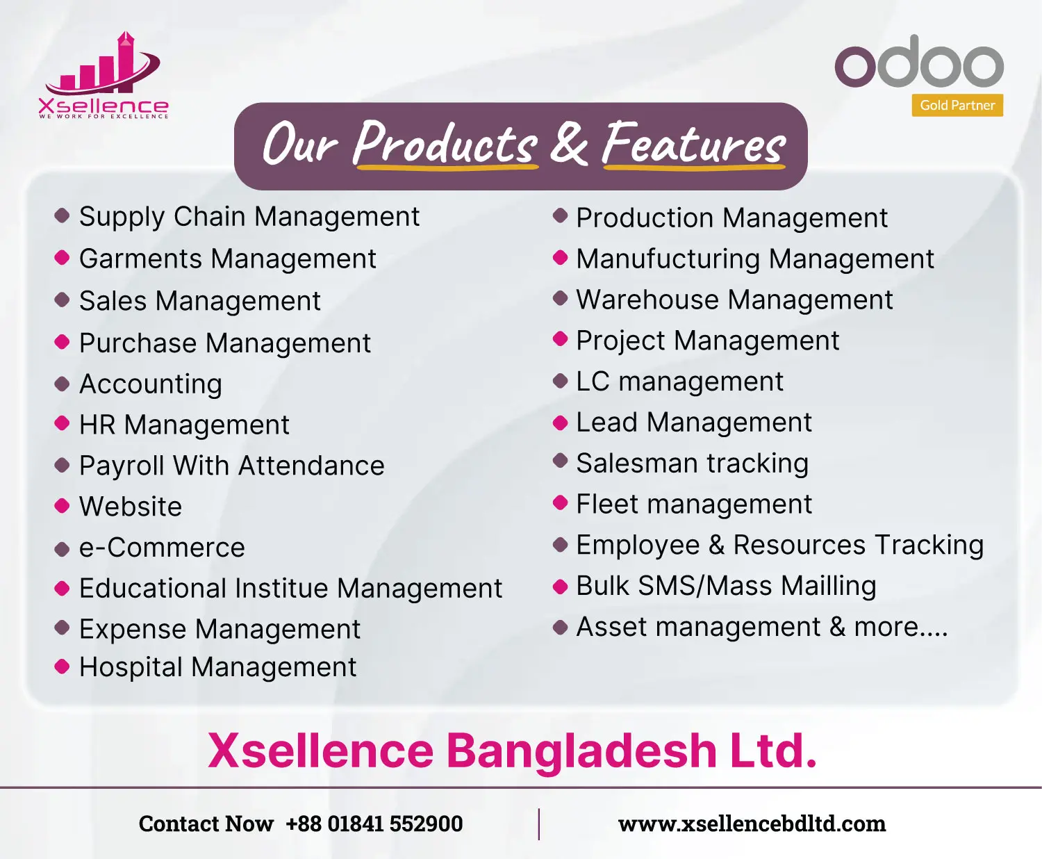 Odoo ERP products and features by Xsellence Bangladesh Ltd. including garments management, HR, accounting, warehouse, hospital, and more – Odoo Gold Partner in Bangladesh