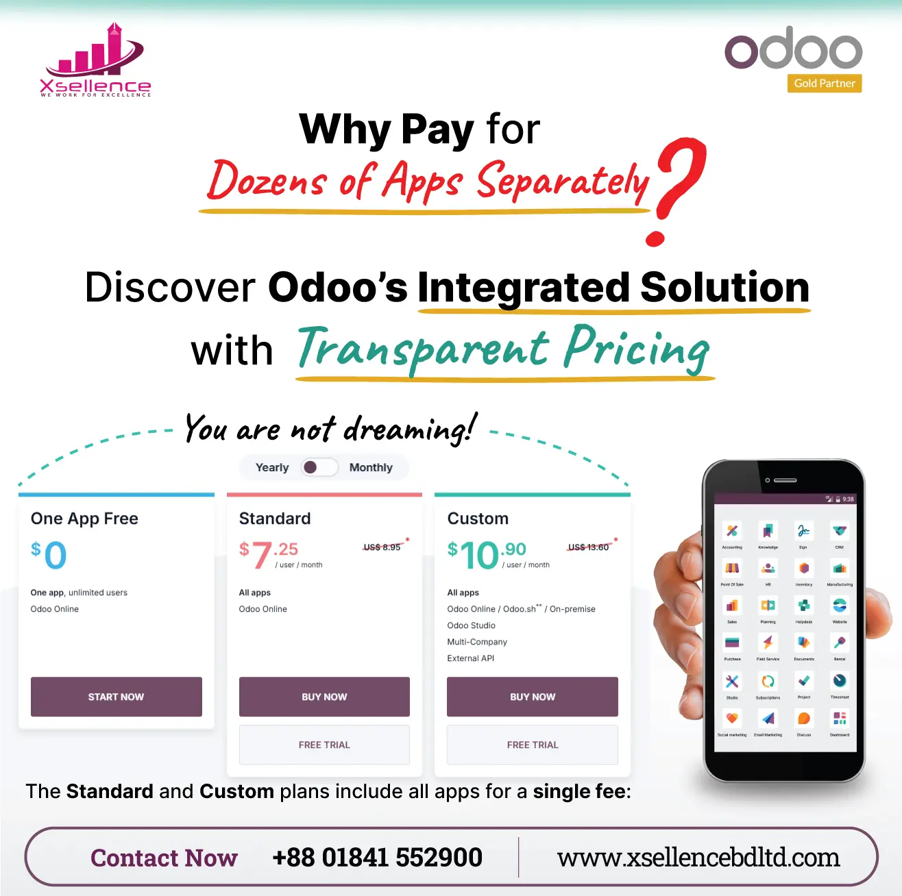 Odoo ERP dashboard showing integrated business applications like CRM, Accounting, Inventory, and HR