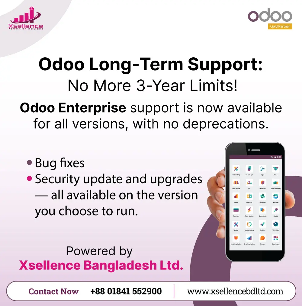 Odoo logo with text announcing long-term support for all versions