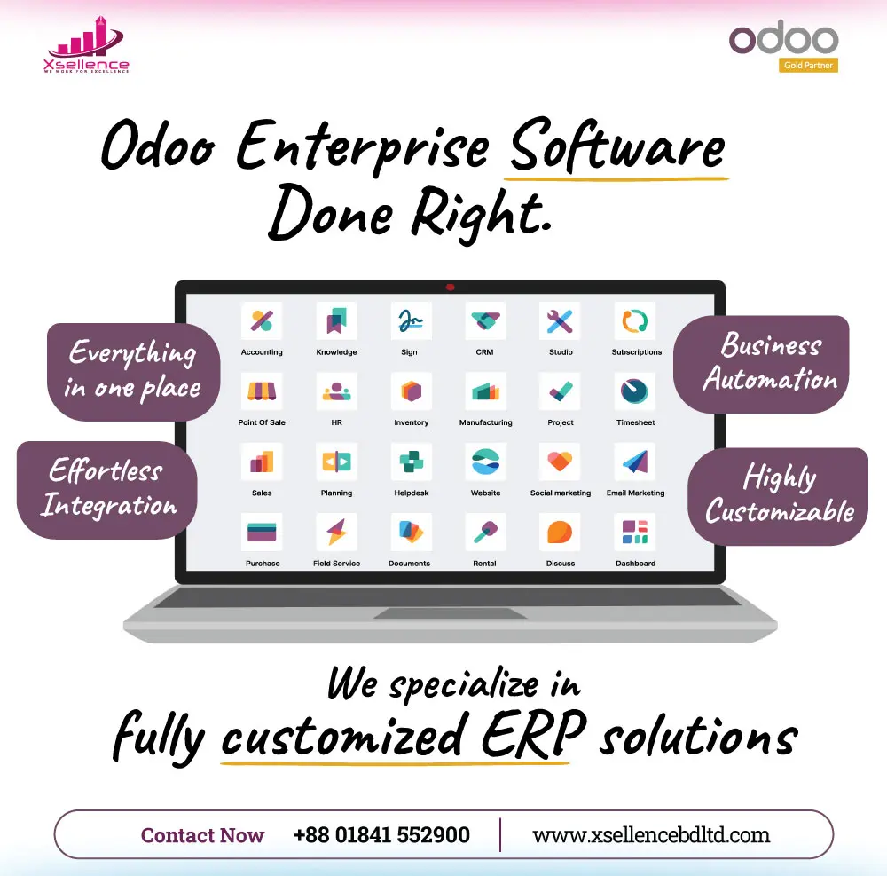 Odoo Enterprise Software Done Right | Xsellence Bangladesh Ltd. Odoo Enterprise ERP dashboard implemented by Xsellence Bangladesh Ltd.